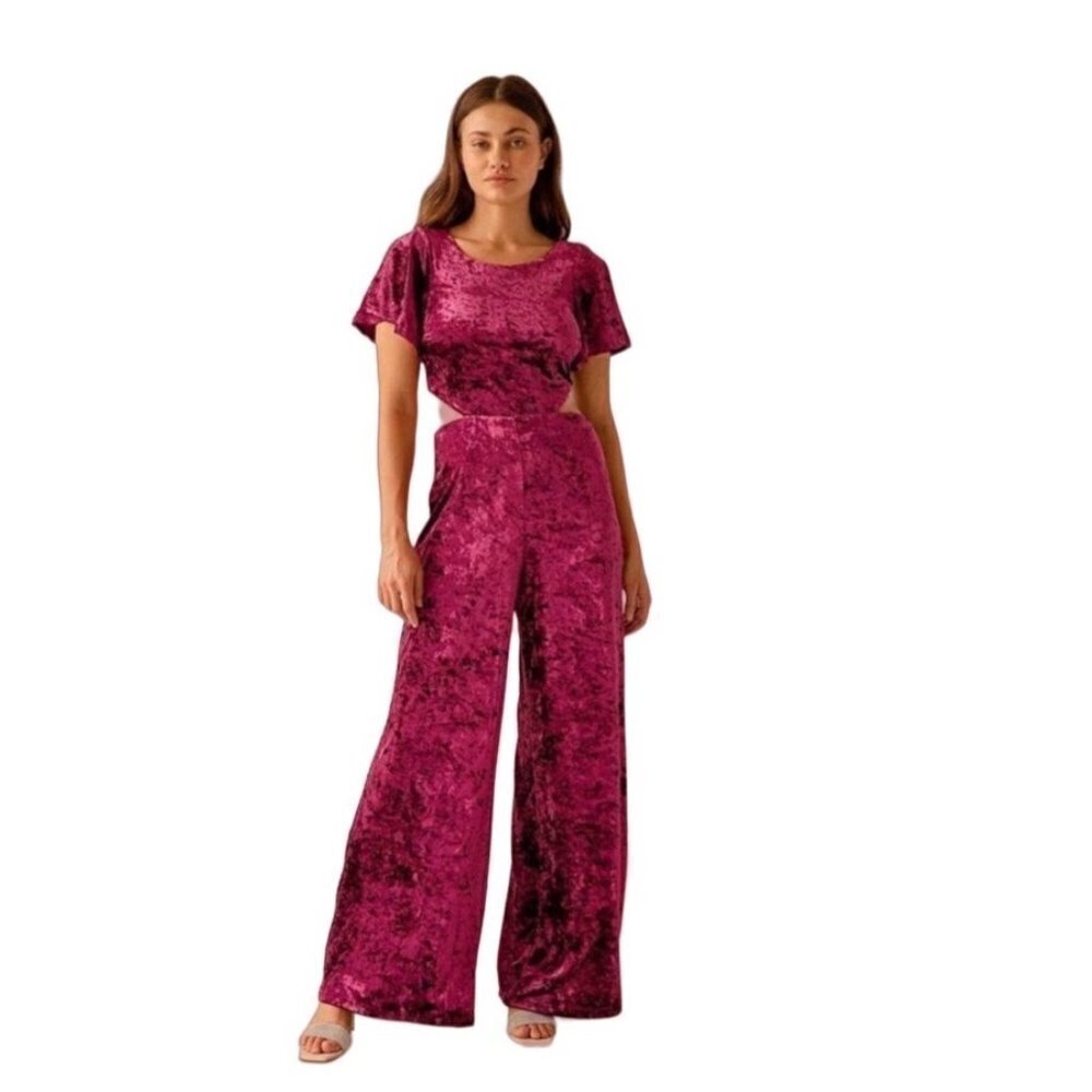Lulus Velvet Wide Leg Jumpsuit Size M Party Dressy Event‎ Holiday Burgundy